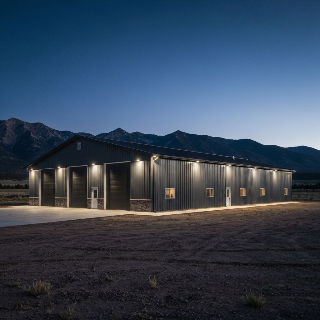 Large post-frame shop building at dusk